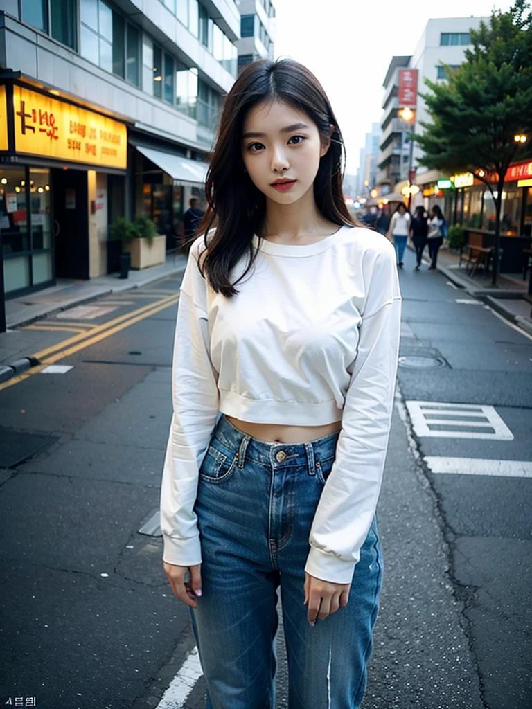 real photograph，tmasterpiece，araffed asian woman in white top and jeans standing on sidewalk, There are street lights on the streets，gorgeous korean young woman, beautiful Korean young women, beautiful Korean women, Korean girl, korean women's fashion model, taken with canon eos 5 d mark iv, Korean woman, A young Asian woman, Young Asian girl, heonhwa choe, jaeyeon nam, Young Asian woman,There are street lights in the back，There is light shining on the hair