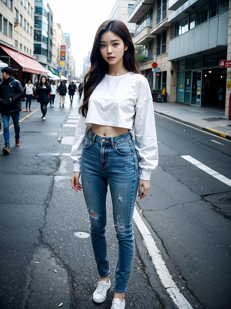 real photograph，tmasterpiece，araffed asian woman in white top and jeans standing on sidewalk, There are street lights on the streets，gorgeous korean young woman, beautiful Korean young women, beautiful Korean women, Korean girl, korean women's fashion model, taken with canon eos 5 d mark iv, Korean woman, A young Asian woman, Young Asian girl, heonhwa choe, jaeyeon nam, Young Asian woman,There are street lights in the back，There is light shining on the hair