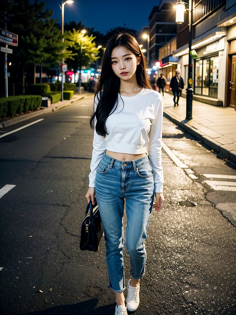 real photograph，tmasterpiece，araffed asian woman in white top and jeans standing on sidewalk, There are street lights on the streets，gorgeous korean young woman, beautiful Korean young women, beautiful Korean women, Korean girl, korean women's fashion model, taken with canon eos 5 d mark iv, Korean woman, A young Asian woman, Young Asian girl, heonhwa choe, jaeyeon nam, Young Asian woman,There are street lights in the back，There is light shining on the hair