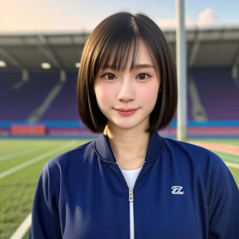 (kawaii 24 year-old Japanese girl, Nogizaka idol, Korean idol, track and field player), healthy female athlete body, (glossy black hair, very short hair, pixie cut, bangs:1.2), beautiful black eyes, rounded face, single eyelid, (no makeup:1.2), (soft smiling), (track jacket, sports leggins), extra small breasts, BREAK, (track and field stadium background, summer, sunny daytime:1.2), (dynamic angle, bust shot:1.2), BREAK, (masterpiece, best quality, photo realistic, official art:1.4), (UHD, 8K quality wallpaper, high resolution, raw photo, golden ratio:1.3), (shiny skin), professional lighting, physically based rendering, award winning, (highly detailed skin texture, extremely detailed face and eyes textures), Carl Zeiss 300 mm F/2.8, depth of field, (1girl, solo),
