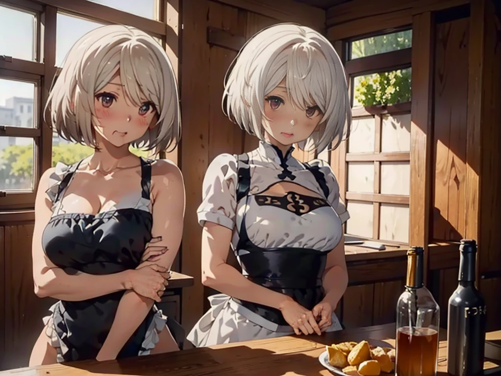 2B,
Real Doll,Figure-like skin,White skin,
White swimsuit,Black Apron,
Bob cut hair,Silver Hair,White eyes,
tall,Large breasts,Lower milk exposed,Face of joy,blush,Upright posture,from the front,
whole body,The light shines through,Indoors at home,Sitting on a chair,On a big table,Eating facing each other,Minimum 2 people,Crossing my arms,
Beautiful image quality,Delicate shades,4K,Very detailed,