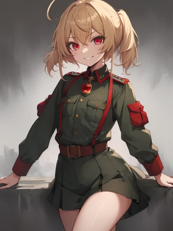 goth, german ww2 soldier uniform,  (masterpiece, best quality: 1.1), 1girl solo, tanya, 1girl, solo, , flat chest, small breasts, curvy, military, military uniform, ,, evil smile, wicked expression, anger, red eyes, neutral lighting