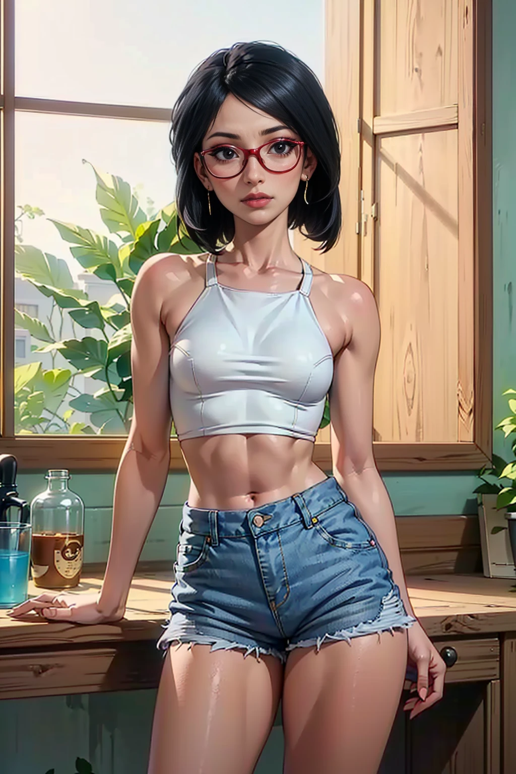 (1girl, Alone, alone), (WakatsukiRisa, Sarada uchiha, black hair, short hair, Black eyes, (small bust), red glasses), ((Alone, (1woman,pink lipstick, Black eyes), extremely detailed , Soft ambient lighting, 4K, perfect eyes, a perfect face, Perfect Lighting, the 1 girl)), ((fitness, , shapely body, athletic body, toned body)) , ((denim shorts, white tank top, window in the background, plants, garden, leaves, tree, bushes, flowers, wood))