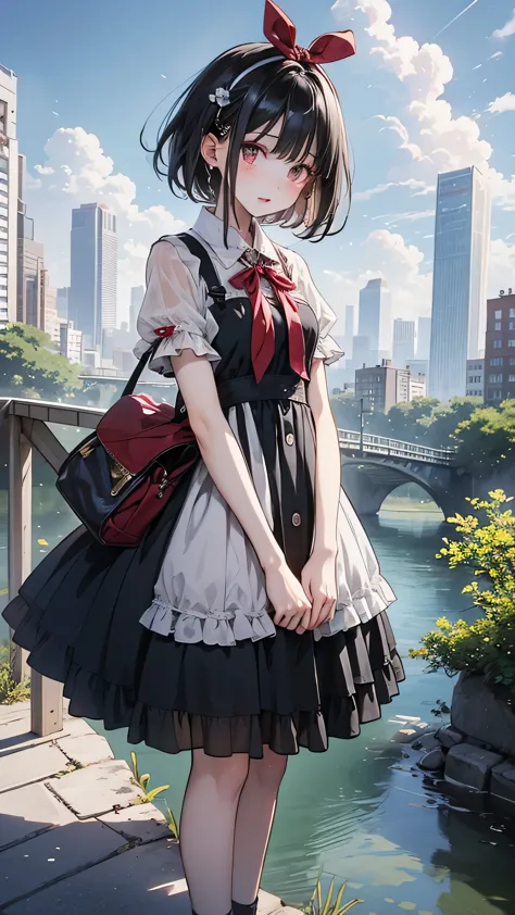 one girl,front hair,black_hair,green_null,bridge,building,city,city,cityscape,cloud,day,dress,looking_in_audience,outdoor,red_ne...