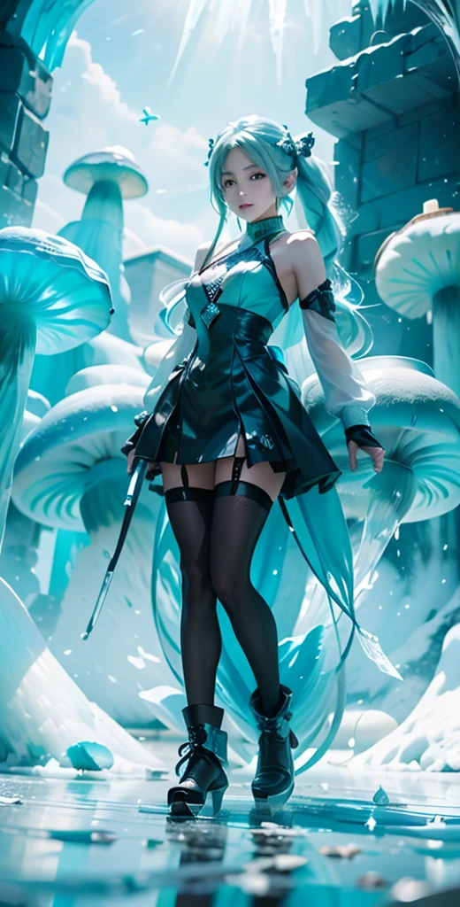 Frost Goddess,Frozen fluid,Ice World,ice,1girl,solo,black legwear,boots,breasts,fur trim,The huge ice mushroom ,Ice pillars, ice mushrooms,Frozen ground,full body,super cuteness),(delicate face),(realistic(digital_gun,skin,face)),soft makeup,(Stunningly beautiful),grey eyes,hair ornament,long hair,hatsune miku , aqua hair, twintails, long hair,detached sleeves, looking at viewer, pantyhose,silver hair,smile,solo,standing,best quality, masterpiece, realistic, photorealistic, simple background, blue ice background,(CG gameartstyle), (High dynamic range), Ray tracing, NVIDIA RTX, Super Resolution, Subsurface scattering, PBR Texturing, Post-processing, Anisotropy Filtering, depth of fields, Maximum clarity and sharpness, Multilayer textures, Albedo and specular maps, Surface Shading, Precise simulated light material interactions, Perfect proportions, Octane Rendering, Two-tone lighting, Wide aperture, Low ISO, White Balance, thirds rule, 64K RAW,vivid color 