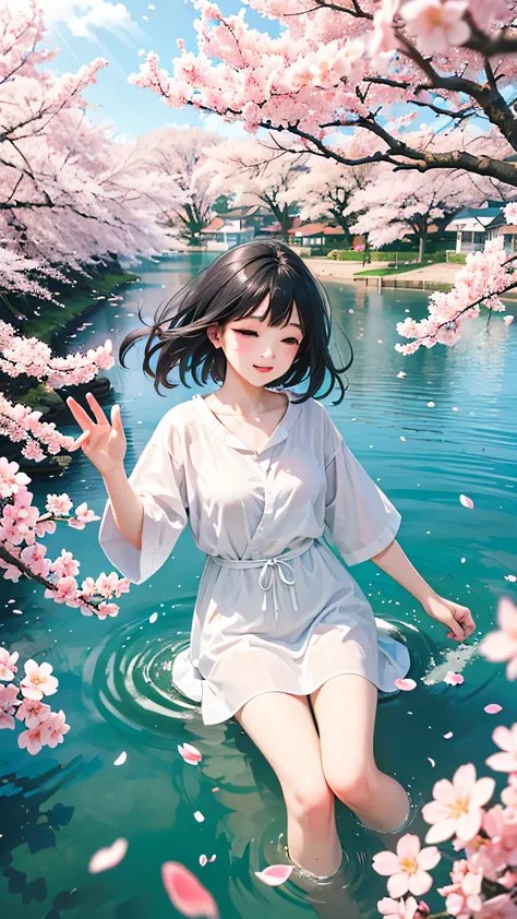 one girl,black hair, floating hair, seaside,color,landscape,cherry blossoms, falling petals, sunbeam,god&#39;s rays,upper body, ...