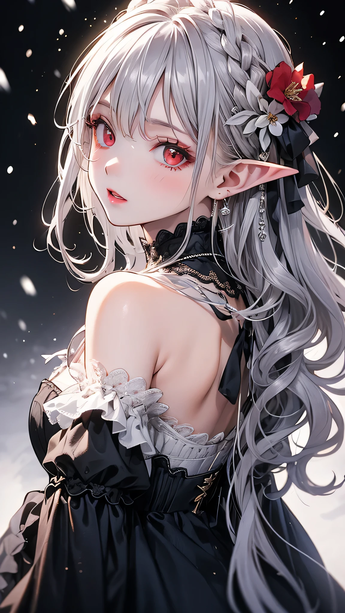 {{chef-d&#39;œuvre}},la plus haute qualité,très détaillé,très détaillé CG Unity 8k wallpaper,Une illustration, Une fille, les yeux rouges, cheveux argentés ondulés, oreilles pointues, vampire, robe, collier, Fleurs de cheveux, neige, Glace, tout le corps, tir,Gros plan élevé, très détaillé,cadre central,netteté, Voir la visionneuse, cheveux flottants,