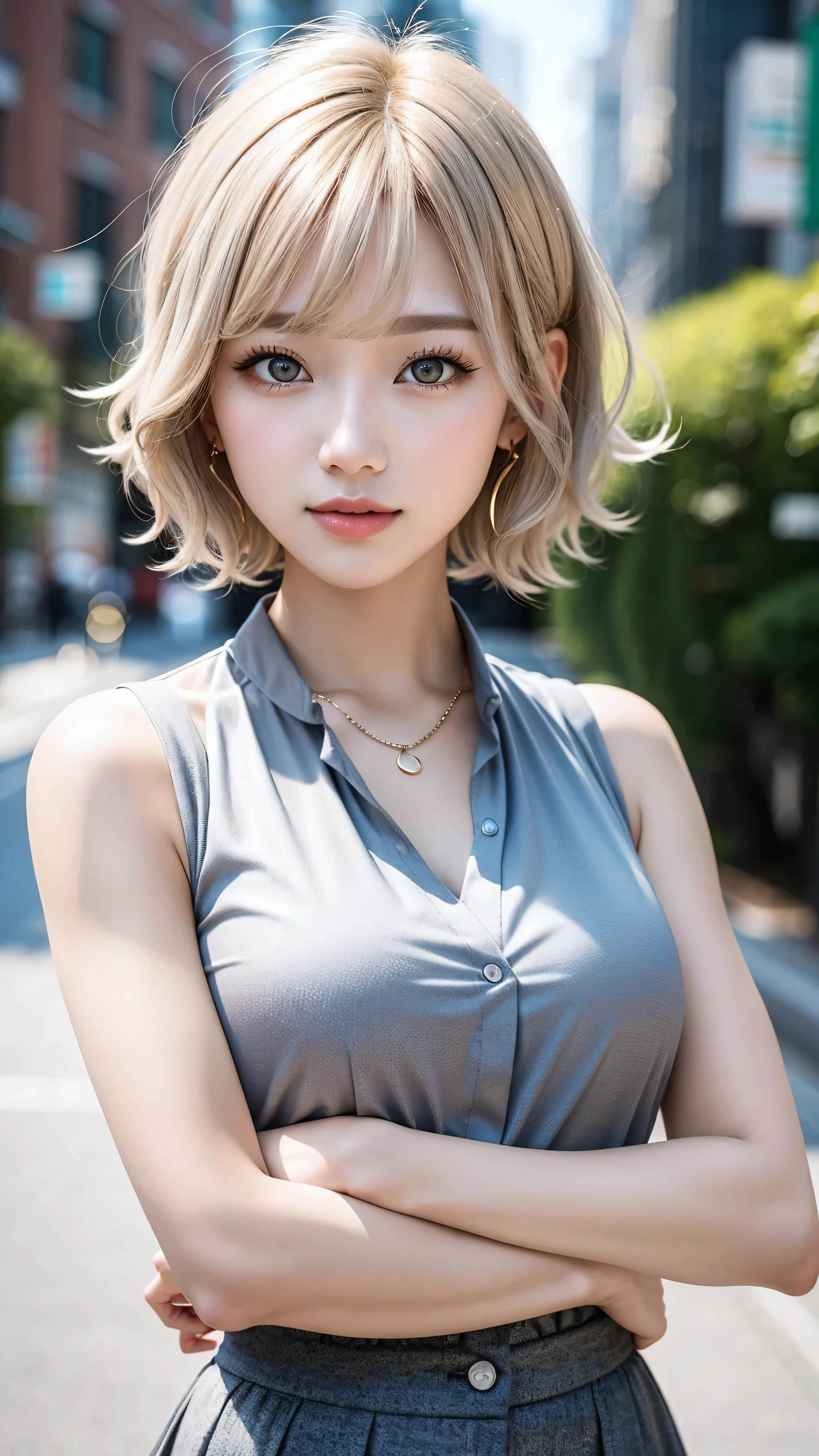 Curly Bob Cut, A platinum-haired woman in an orange collared shirt poses for a photo in the city, 8K Art Jam Bokeh, well-proportioned body, Beautiful Korean women, Gorgeous Necklace, Beautiful young Korean women, Soft Portrait Shot 8k, Korean Girls, Double eyelids and narrow eyes, beautiful grey eyes, Trans8K, Cute young woman, Korean women, Beautiful blonde girl