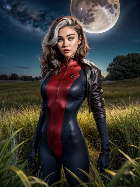 Madison Beer as Rogue, looking at viewer, short hair, Xtreme,jacket, sky, red and black bodysuit, red bodysuit, night, moon, gra...