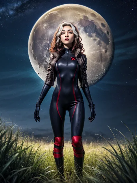 Madison Beer as Rogue, looking at viewer, short hair, Xtreme,jacket, sky, red and black bodysuit, red bodysuit, night, moon, gra...