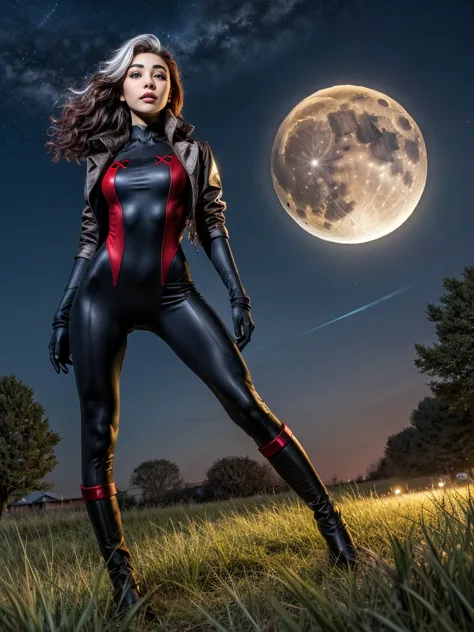 Madison Beer as Rogue, looking at viewer, short hair, Xtreme,jacket, sky, red and black bodysuit, red bodysuit, night, moon, gra...