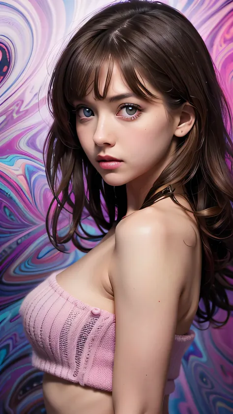 psychedelic world、（girl with purple irises:1.3）、tube top sweater、1 cute girl、16 years old、big eyes、small breasts、brown hair、colo...