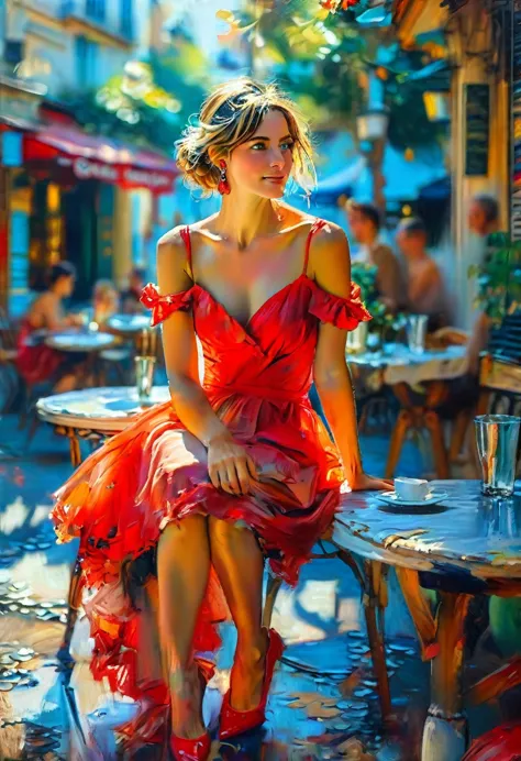 oil painting on canvas of a beautiful woman in a red dress sitting at a table outside a parisian cafe, legs crossed in an elegan...