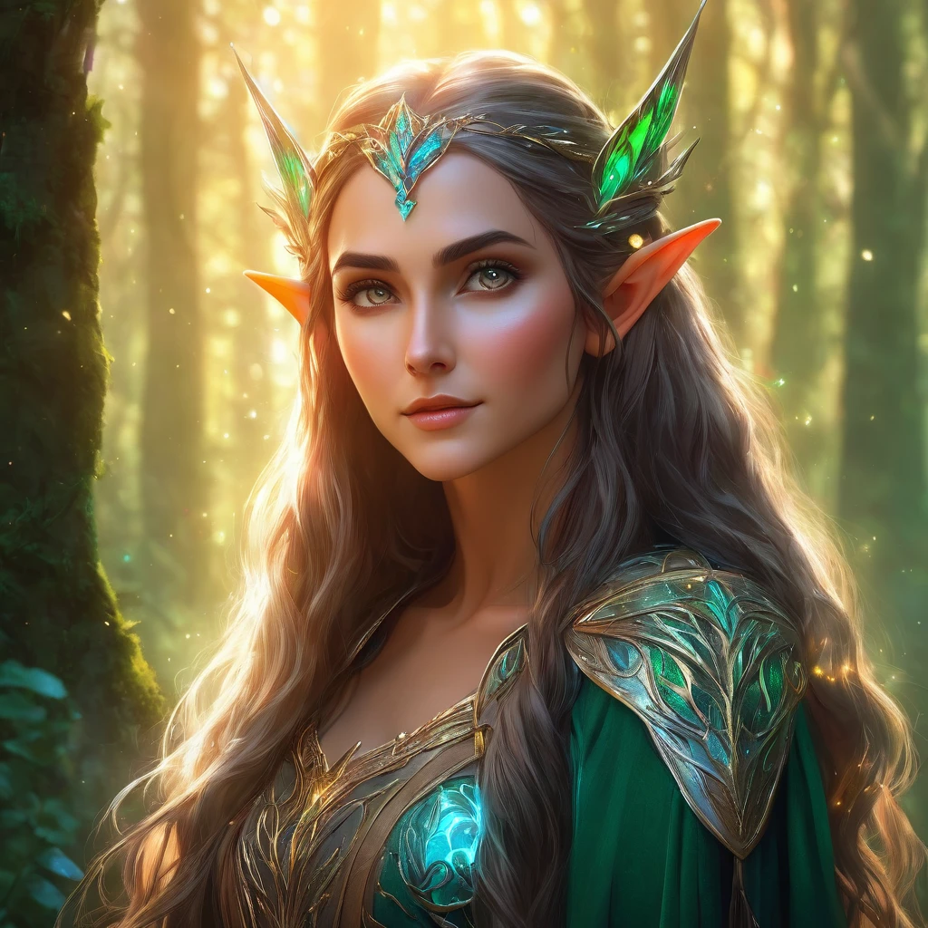 a beautiful elf woman, detailed facial features, long pointy ears, ethereal glowing skin, long flowing hair, elegant posture, detailed clothing, fantasy forest background, magical glowing lights, cinematic lighting, vibrant colors, digital art, intricate details, 8k, photorealistic