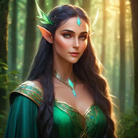 a beautiful elf woman, detailed facial features, long pointy ears, ethereal glowing skin, long flowing hair, elegant posture, de...