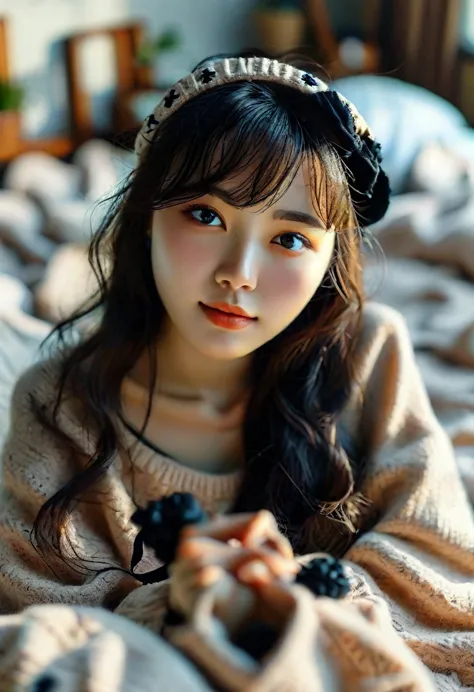 cute, pretty korean girl with long hair wearing a beige sweater and black headband lying on the bed smiling at the camera, photo...