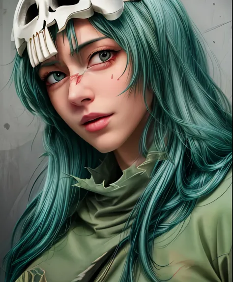 from a little (bleach anime), (beautiful green eyes), green hair, torn clothes, long hair,  barefoot and small skull mask. sexy ...