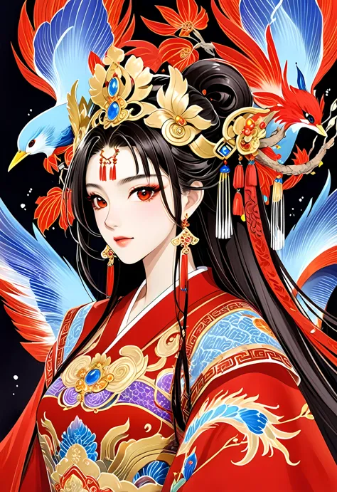 Close-up of a woman wearing a red dress and a golden headdress, Detailed paintings inspired by Po Hua, cg Social Hotspot, Fantas...