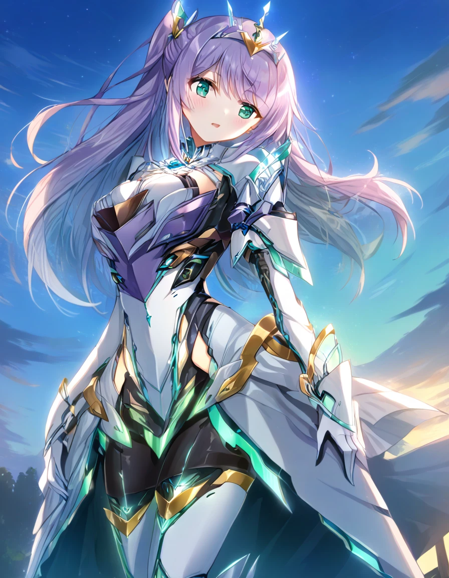 One girl,
Outdoor,
Cowboy Shot,
Twilight,
Break Yoakena, Finafam Earth Light, Green Eyes, Long Hair, Purple Hair, cyborg, Android Dress, gloves,Crown, jewelry, Cleavage, Princess,elbow gloves,tiara,brooch,white gloves, Thigh High Heel Boots Breakout Masterpiece, highest quality,