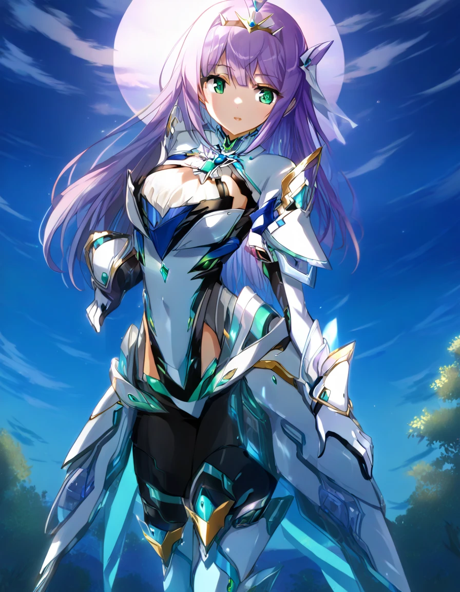 One girl,
Outdoor,
Cowboy Shot,
Twilight,
Break Yoakena, Finafam Earth Light, Green Eyes, Long Hair, Purple Hair, cyborg, Android Dress, gloves,Crown, jewelry, Cleavage, Princess,elbow gloves,tiara,brooch,white gloves, Thigh High Heel Boots Breakout Masterpiece, highest quality,