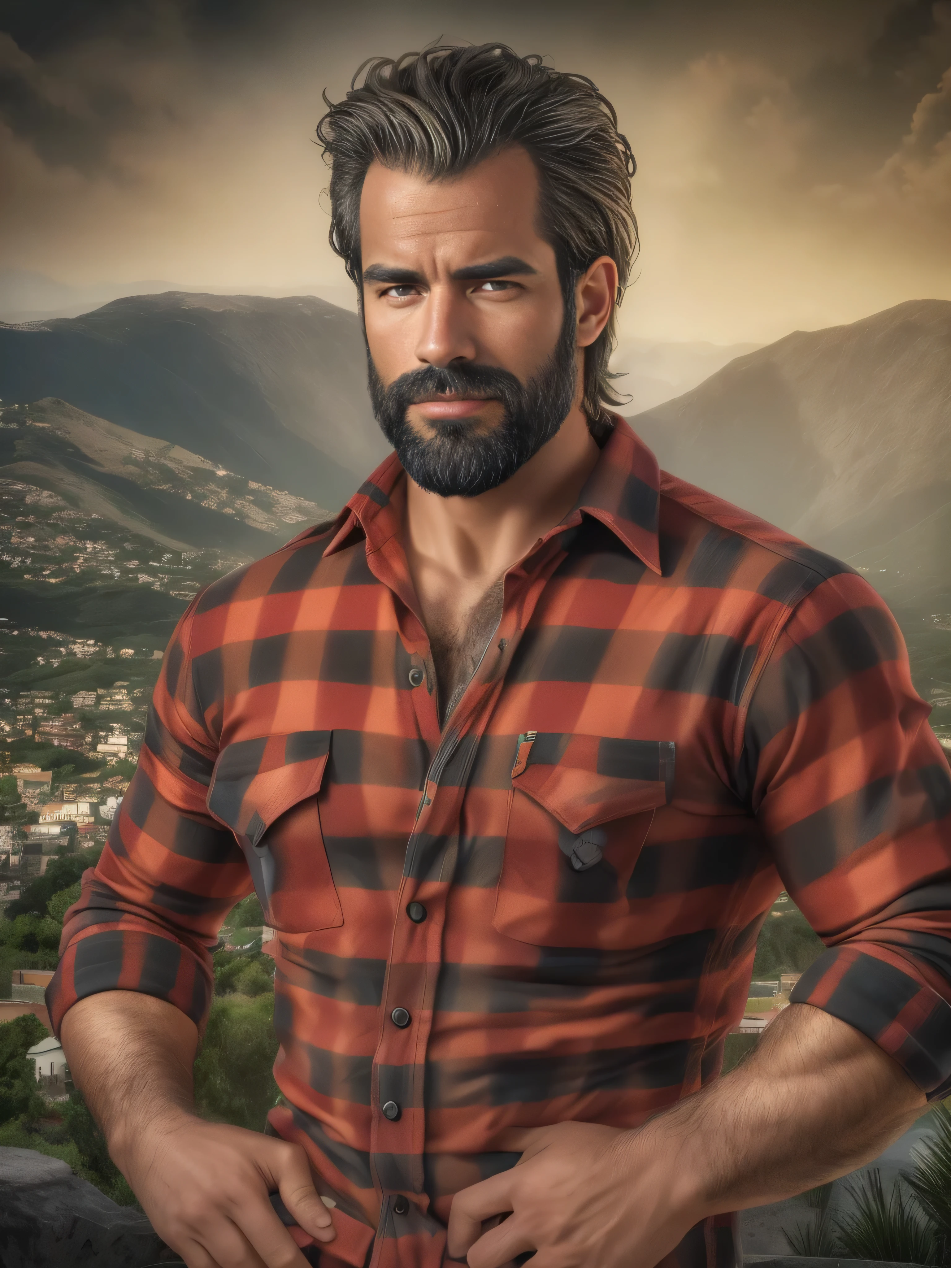 obra maestra, Mejor calidad, high resolution, Retrato de primer plano, (1 chico:1.4) A man in a lumberjack suit, muscular, (con camisa: 1.2) enfoque masculino, enfocarse solo, piel bronceada, 38-year old man,  muscular, fuerte, peludo, masculino, (descamisado: 1.2), In the background a mountain, in a city with a lot of traffic and pollution, amazing composition, Vista frontal, hdr, volumetric lighting, (plano general, desde el frente:1.2) (GS-Macho :1.5) (magnificent landscape:1.2)