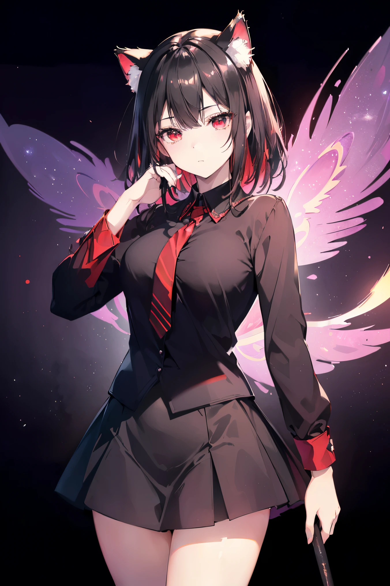 (Cat girl), (smoking), cat ears, black hair, business casual attire, cool, red dress shirt, pretty red eyes, cat tail, ((Crimson Red Eyes eyes: 1.3, Upturned Eyes: 1, Perfect Eyes, Beautiful Detailed Eyes, Gradient eyes: 1, Finely Detailed Beautiful Eyes: 1, Symmetrical Eyes: 1, Big Highlight On Eyes: 1.2)), (((Lustrous Skin: 1.5, Bright Skin: 1.5, Skin Fair, Shiny Skin, Very Shiny Skin, Shiny Body, Plastic Glitter Skin, Exaggerated Shiny Skin, Illuminated Skin))), (Detailed Body, (Detailed Face)), (((Skirt))), High Resolution, Sharp Focus, Ultra Detailed, Extremely Detailed, Extremely High Quality Artwork, (Realistic, Photorealistic: 1.37), 8k_Wallpaper, (Extremely Detailed CG 8k), (Very Fine 8K CG), ((Hyper Super Ultra Detailed Perfect Piece)), (((Flawless masterpiece))), Illustration, Vibrant Colors, (Intricate), High Contrast, Selective Lighting, Double Exposure, HDR (High Dynamic Range), Post-processing, Background Blur