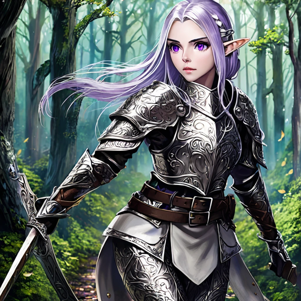 a powerful elven adventurer, pale skin, violet eyes, long silver hair, ornate studded leather armor, carrying a long bow and weapons on belt, walking through a haunted, eerie forest, moonlight shining through twisted branches, fog swirling around the trees, ancient stone ruins in the distance, (best quality,4k,8k,highres,masterpiece:1.2),ultra-detailed,(realistic,photorealistic,photo-realistic:1.37),fantasy,dramatic lighting,moody atmosphere,cinematic,highly detailed
