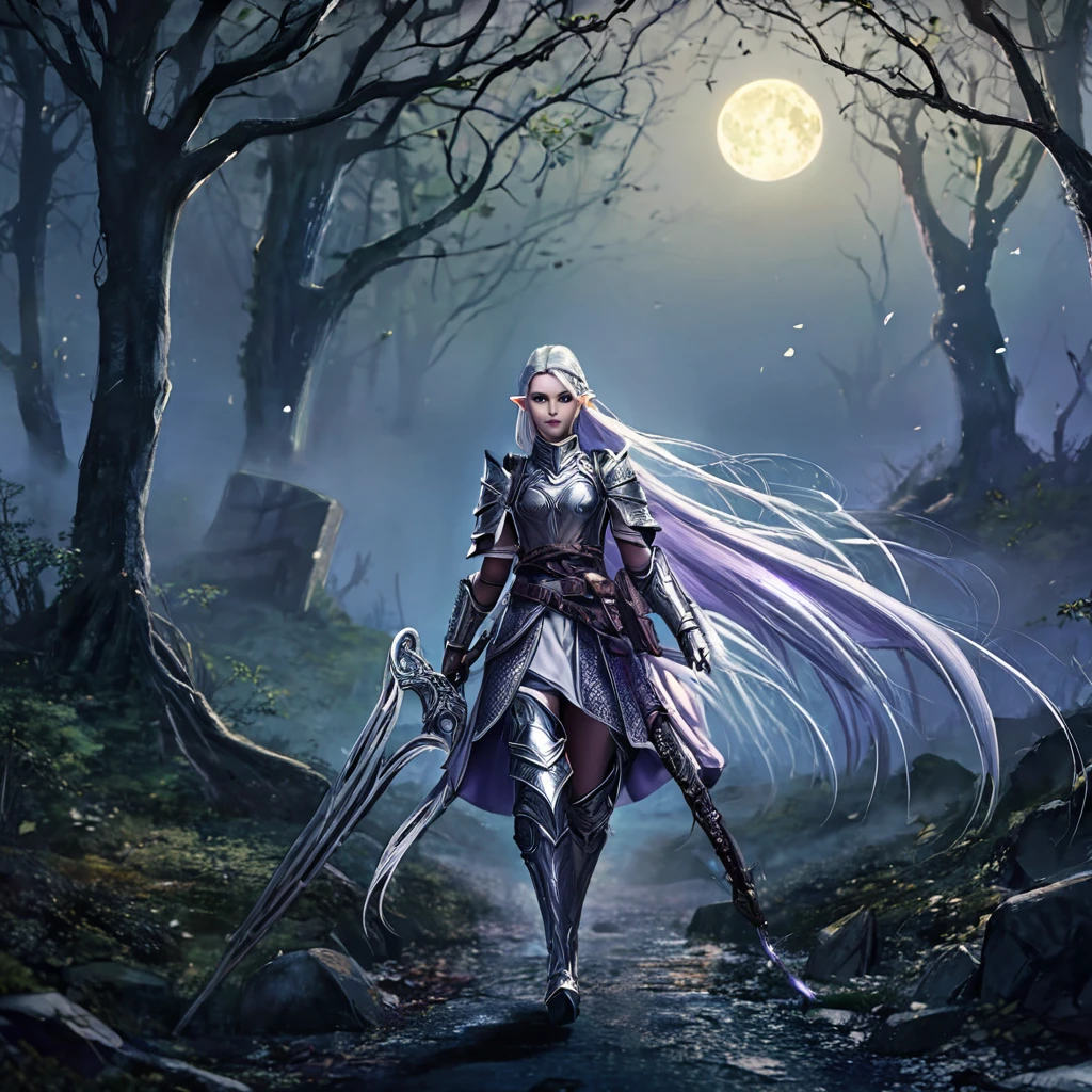 a powerful elven adventurer, pale skin, violet eyes, long silver hair, ornate studded leather armor, carrying a long bow and weapons on belt, walking through a haunted, eerie forest, moonlight shining through twisted branches, fog swirling around the trees, ancient stone ruins in the distance, (best quality,4k,8k,highres,masterpiece:1.2),ultra-detailed,(realistic,photorealistic,photo-realistic:1.37),fantasy,dramatic lighting,moody atmosphere,cinematic,highly detailed
