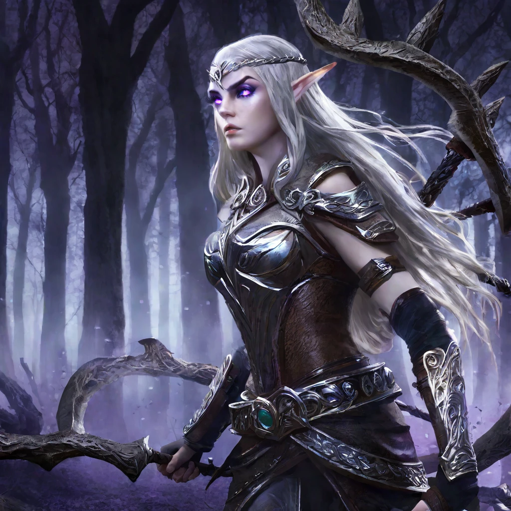a powerful elven adventurer, pale skin, violet eyes, long silver hair, ornate studded leather armor, carrying a long bow and weapons on belt, walking through a haunted, eerie forest, moonlight shining through twisted branches, fog swirling around the trees, ancient stone ruins in the distance, (best quality,4k,8k,highres,masterpiece:1.2),ultra-detailed,(realistic,photorealistic,photo-realistic:1.37),fantasy,dramatic lighting,moody atmosphere,cinematic,highly detailed
