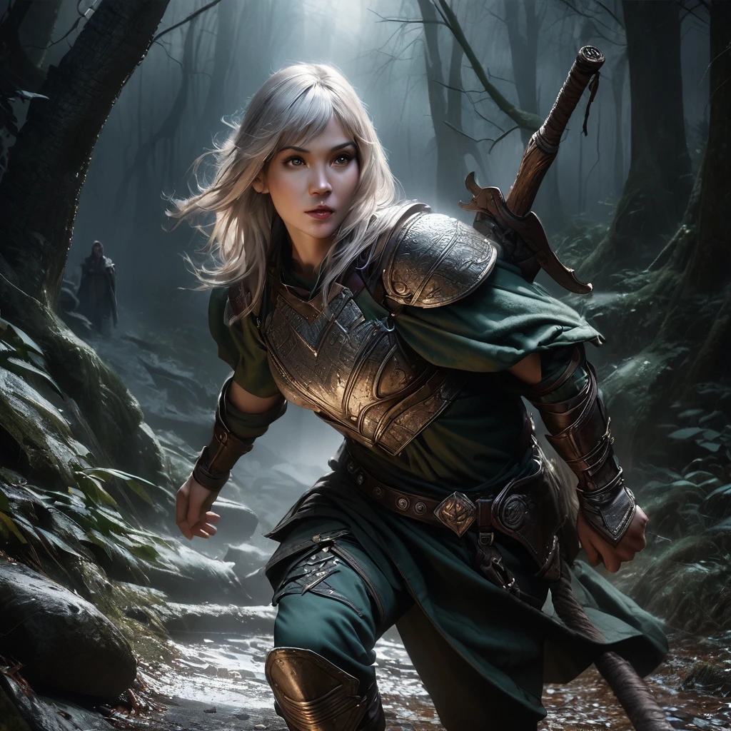 a powerful elven adventurer, pale skin, violet eyes, long silver hair, ornate studded leather armor, carrying a long bow and weapons on belt, walking through a haunted, eerie forest, moonlight shining through twisted branches, fog swirling around the trees, ancient stone ruins in the distance, (best quality,4k,8k,highres,masterpiece:1.2),ultra-detailed,(realistic,photorealistic,photo-realistic:1.37),fantasy,dramatic lighting,moody atmosphere,cinematic,highly detailed
