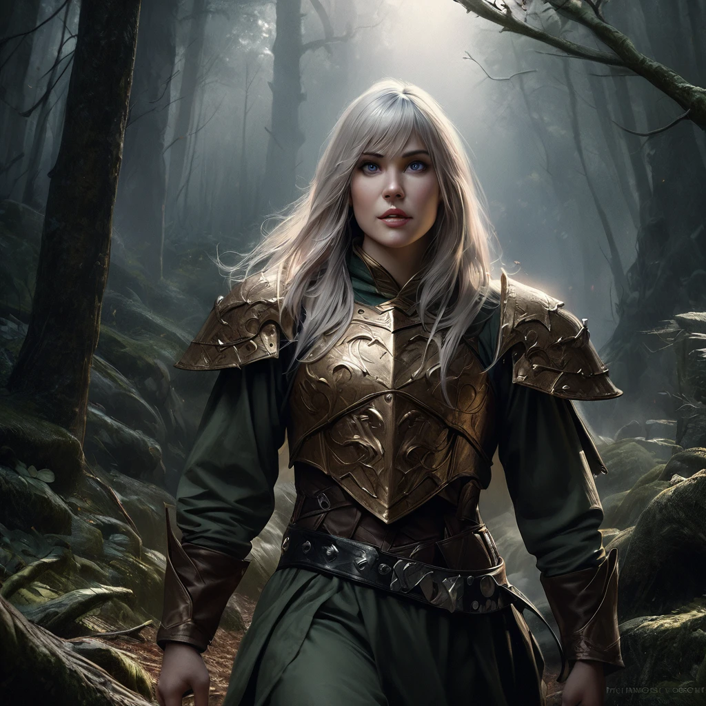 a powerful elven adventurer, pale skin, violet eyes, long silver hair, ornate studded leather armor, carrying a long bow and weapons on belt, walking through a haunted, eerie forest, moonlight shining through twisted branches, fog swirling around the trees, ancient stone ruins in the distance, (best quality,4k,8k,highres,masterpiece:1.2),ultra-detailed,(realistic,photorealistic,photo-realistic:1.37),fantasy,dramatic lighting,moody atmosphere,cinematic,highly detailed
