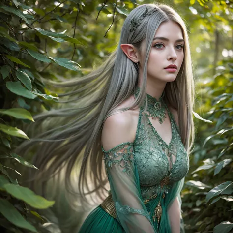 a beautiful female elf with long silver hair, piercing emerald green eyes, delicate facial features, slender pointed ears, weari...