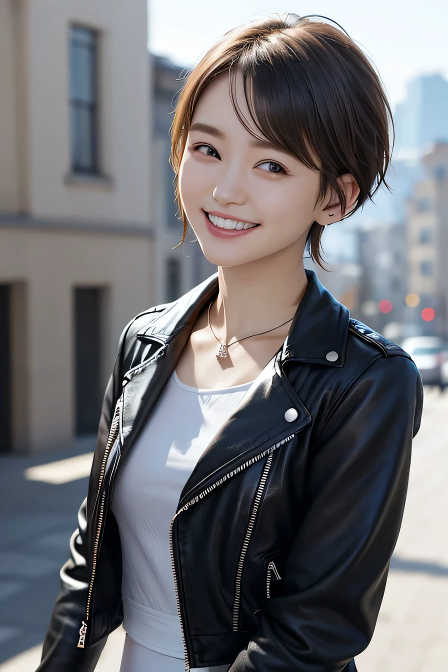 205 ((short hair)), 20-year-old female, In underwear、Leather jacket with sleeves unworn、Wear a jacket over your shoulders、smile、Beautiful teeth alignment、、Black Hair、ear piercing、Necklace around the neck、Looking into the camera, The background is the city