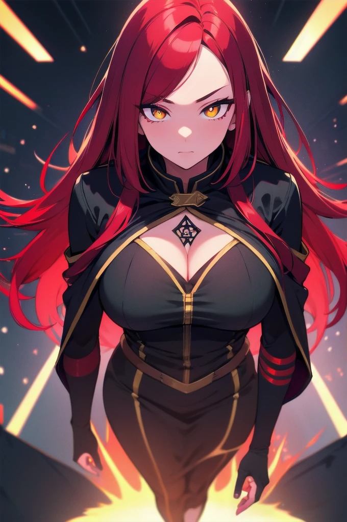 (masterpiece:1.37), woman, mature, extremely detailed eyes and face, long straight hair, (red hair:1.5), yellow eyes, military uniform, cloak, torn cloak, ripped cloak, flame-print cloak, futuristic, science fiction, hologram armband, unicursal hexagram-shaped pupils, standing, large breasts, futuristic, science fiction, hologram armband, best quality, 8k, highres, ultra-detailed, studio lighting, ultra-fine painting, sharp focus, physically-based rendering, extreme detail description, professional, vivid colors, bokeh, extreme attention to detail, tsurime, messy bangs, long bangs, bright red hair highlights, two-tone hair, full body