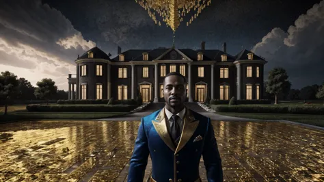 a man in front of a mansion full of gold coins falling from the sky, ultra detailed image, realism, 8k, hyper detailed skin, int...