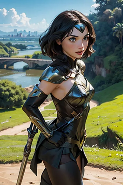 gal gadot como mulher maravilha angulo holandes, amazon city background scenery