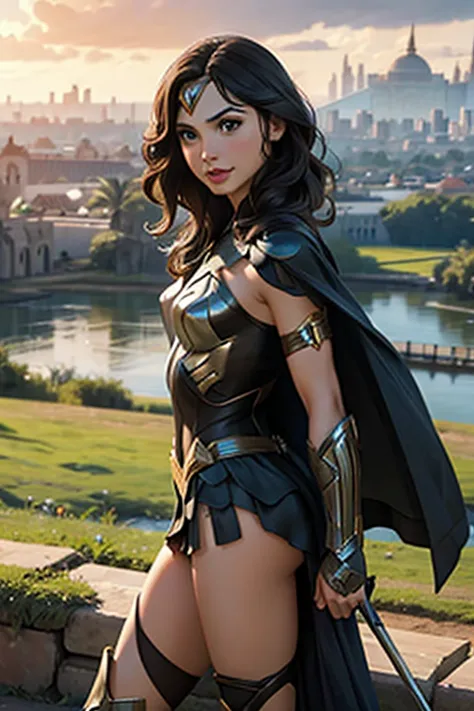 gal gadot como mulher maravilha angulo holandes, amazon city background scenery