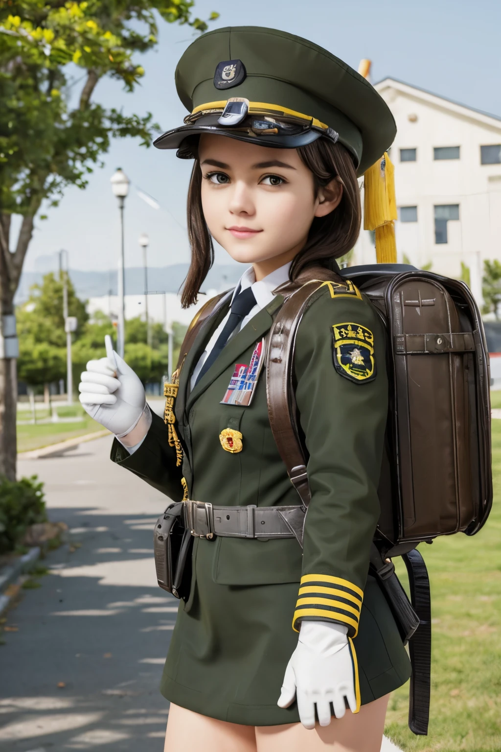 ((Original Character)) masterpiece, hd, 1girl, brown hair, yellow eyes, college student, 20 y.o, cute, military gunner, miltary uniform, military cap, standing, outdoor,  wearing brown backpack, (backpack:1.1), wearing white gloves