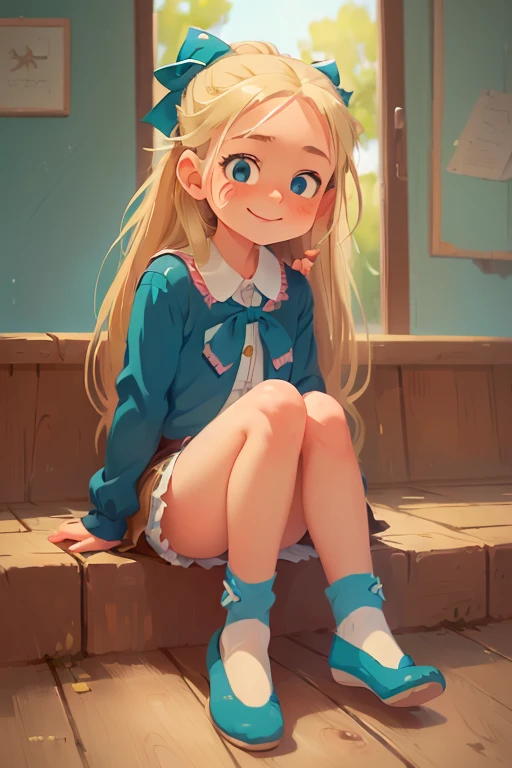 ((masterpiece, highest quality), One Girl, alone, Blonde Hair, Long Hair, Teal blue ribbon, ponytail, 9 years old, blue eyes,No shoes, View Viewer, A slight blush, smile, Lively, close your eyes, Jojo Fashion，