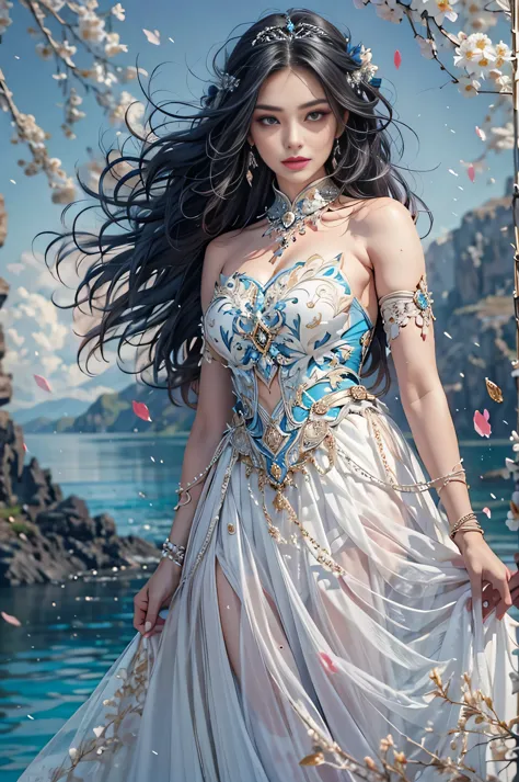 Beautiful young princess with black hair and blue eyes, She is wearing a beautiful long white dress