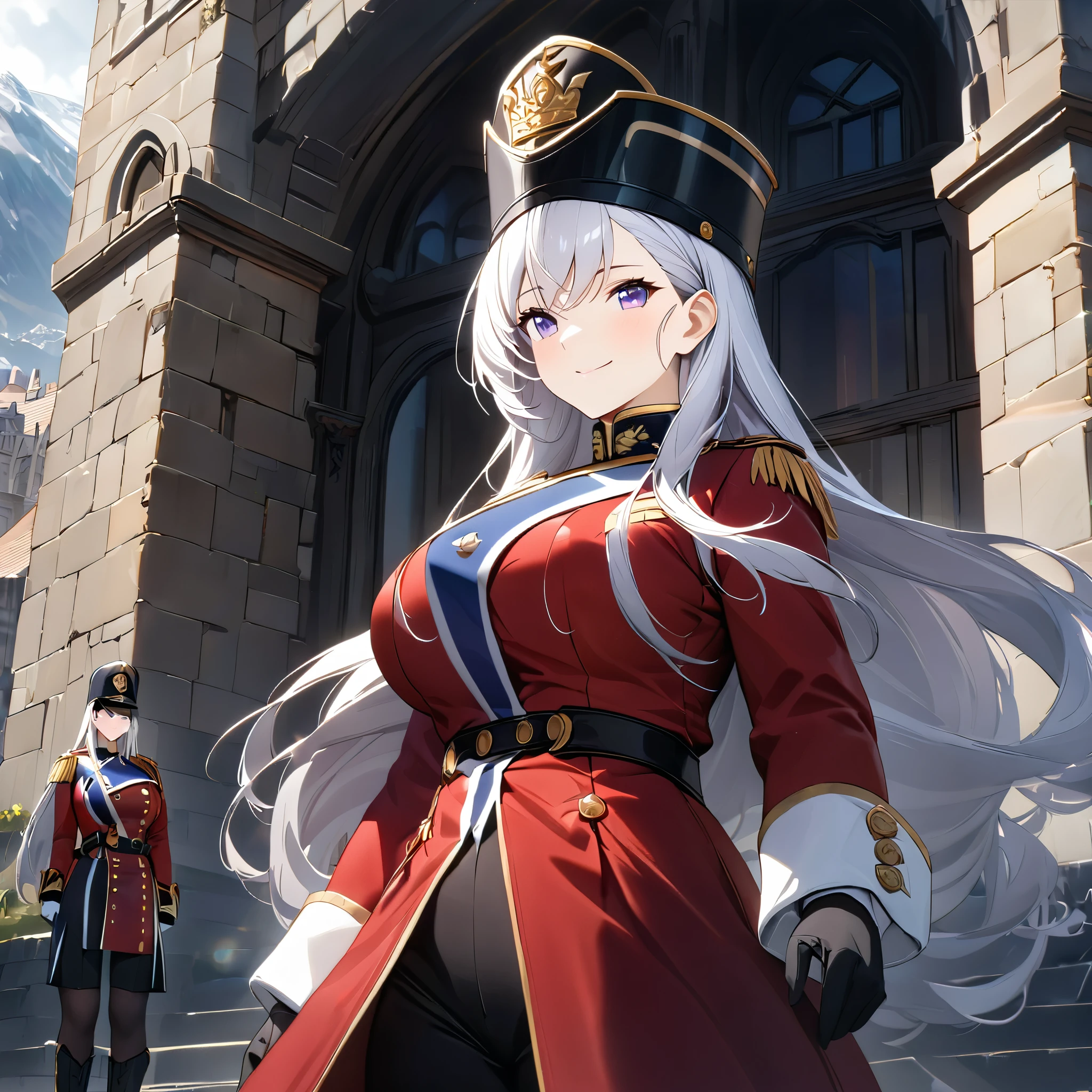 A woman wearing a British royal guard costume, with a red coat with gold details, black pants, black boots, a long black royal guard hat, silver hair, long hair, lilac eyes, large breasts, walking at the base of a castle tower british with views of mountains and wide sky, smiling, UHD, masterpiece, precise, anatomically correct, textured skin, super detail, high quality, best quality, 8k, high resolution, bokeh effect. (woman alone)
