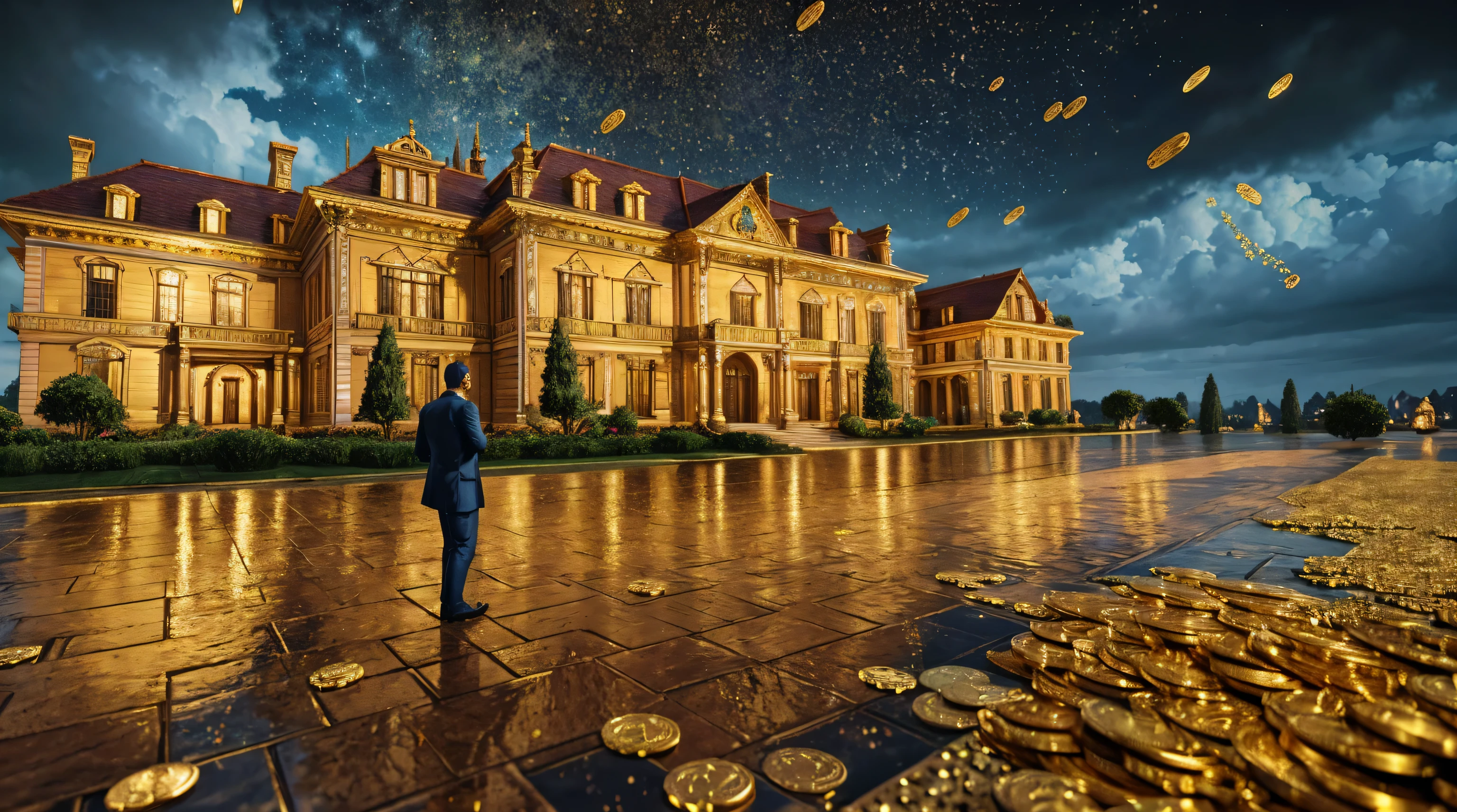 Мужчина перед особняком, полным золотых монет, падающих с неба, сверхдетальное изображение, реализм, 8К, гипердетализированный скин, Насыщенные и яркие цвета.
