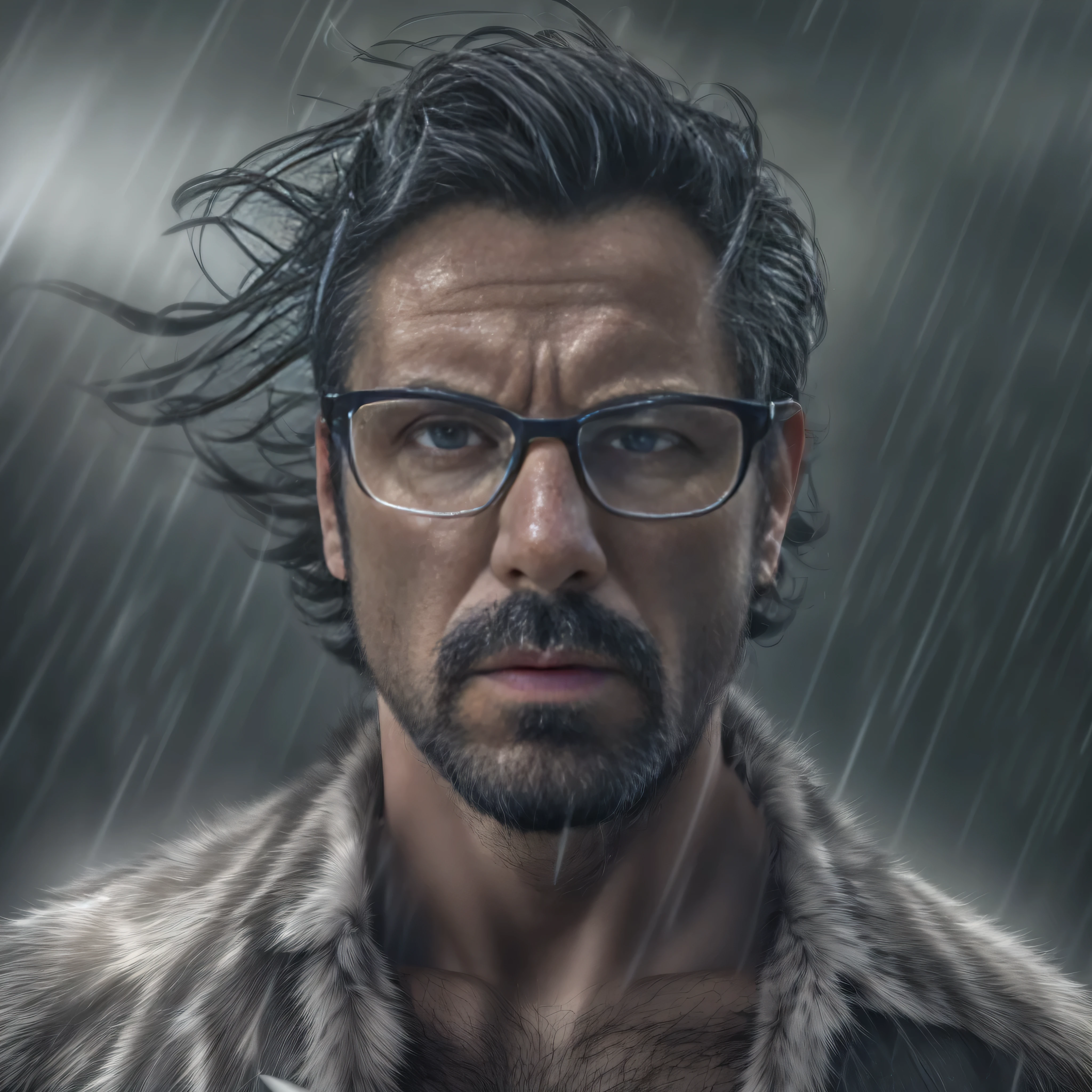 Create a super realistic image of a 38 year old man, con apariencia varonil y usando lentes oscuros. The man is in the middle of a thunderstorm, with lightning flashing in the background and strong winds whipping his clothes. His face shows determination and tension, con detalles meticulosos en la textura de la piel, reflejando la intensidad del momento. El encuadre debe ser un plano medio, capturing the upper body and the chaotic environment around it.