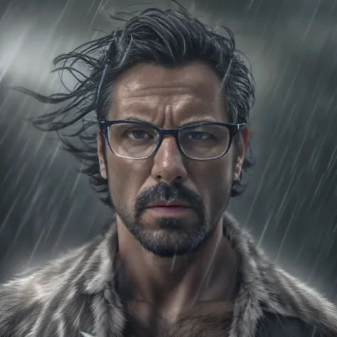 create a super realistic image of a 38 year old man, con apariencia varonil y usando lentes oscuros. the man is in the middle of...