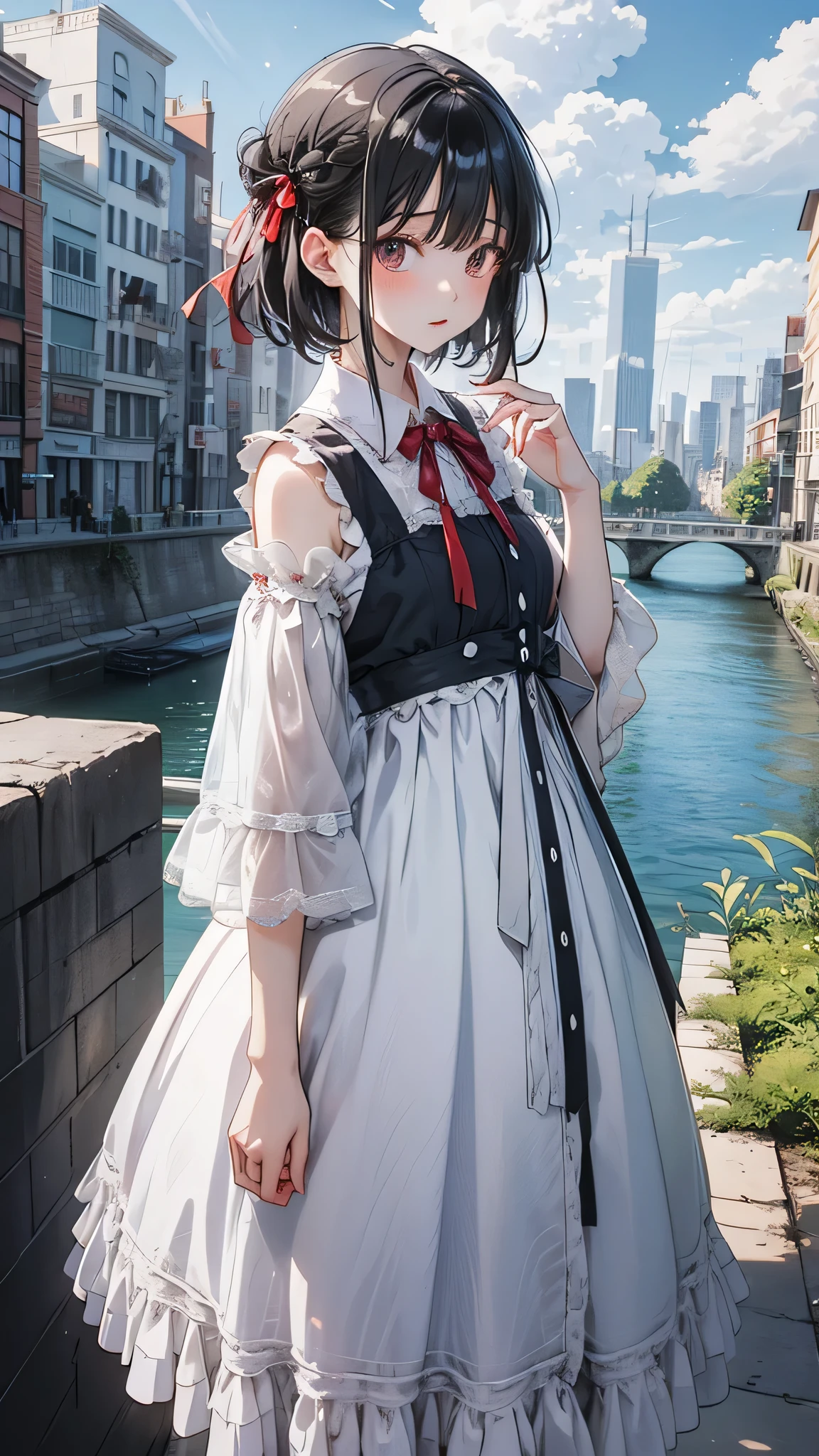 One girl,Front hair,black_hair,green_null,bridge,building,city,city,cityscape,cloud,Day,dress,Looking_in_Audience,Outdoor,red_Neckwear,red_ribbon,ribbon,river,short_hair,short_sleeve,null,nullscraper,One person in,Are standing,town,winer,(masterpiece,anime,newest,new,Exceptional:1.2),