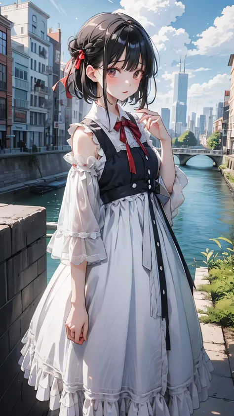 One girl,Front hair,black_hair,green_null,bridge,building,city,city,cityscape,cloud,Day,dress,Looking_in_Audience,Outdoor,red_Ne...