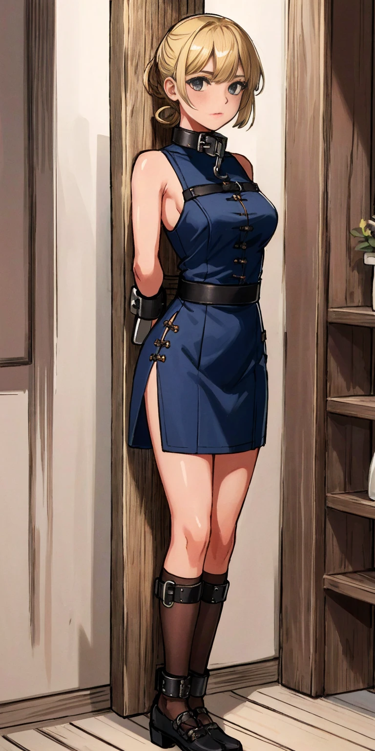 (masterpiece, best quality),  intricate details,
1girl,  phSaber, 
 (standing by wooden pole:1.2),  iron collar, arms behind back,  iron cuffs, shackles, bound,