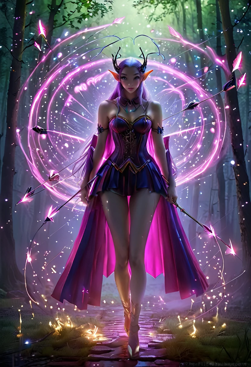 general shot, full body, it is night: 1.3, (little Elf bioluminicence, playing with bow and arrows: 1.5), in the middle of the thick forest, with fireflies flying, dreamy image, dynamic pose, unexpected juxtapositions, shocking and memorable image, Dramatic lighting, Vivid colors, cinema quality, (cinema lighting: 1.1), (Hasselblad 503CW camera),