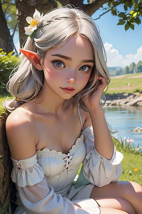 1female elf, beautiful and charming in medieval fashion trend, full body: 1.6, holding flowers, random hairstyle, pointed ears, ...