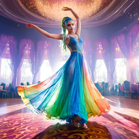 a beautiful elven dancer, 1 girl, rainbow hair, rainbow sheer silky billowing dress, doing a sultry dance with grand sweeping mo...